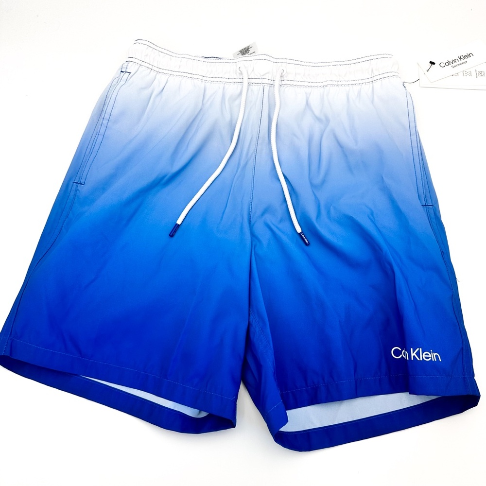 NEW Calvin Klien Ombre Blue White Swim Trunks Shorts UPF 50+ Men's Smalls